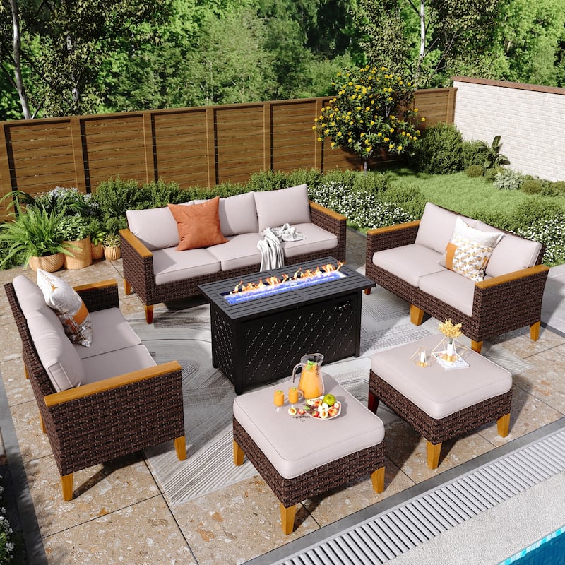 8-Piece Patio Outdoor Wicker Sectional Sofa Set, Large Seating Furniture Conversation Sets with Fire Pit Table - 9-Seat - Type G