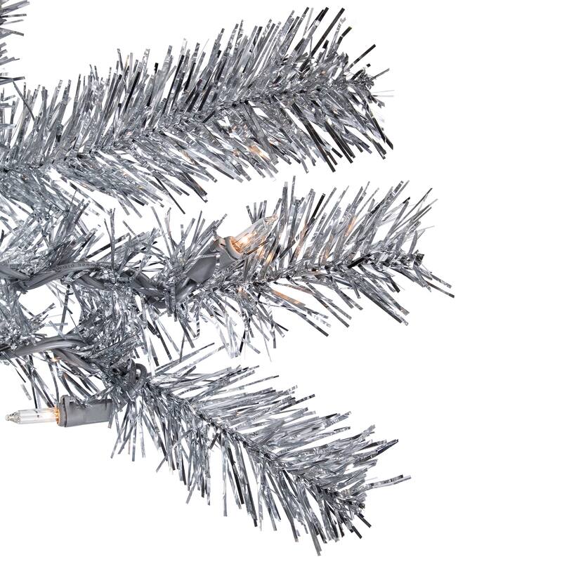 Pre-Lit Artificial Tinsel Christmas Tree - 3' - Silver - Clear Lights - 3 Foot