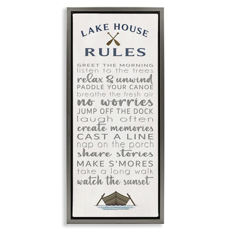 Stupell Fun Lake House Rules Framed Floater Canvas Wall Art Design By Seven Trees Design - 11 x 25 - Grey