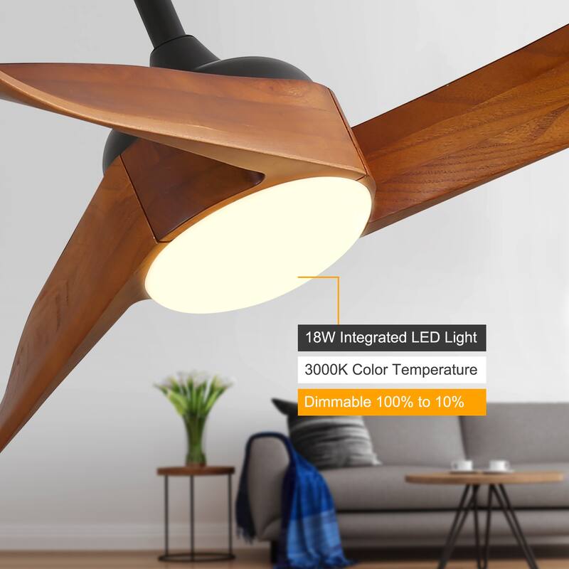 3 Solid Wood Blades Propeller Smart Ceiling Fan, 52 Inch Reversible Ceiling Fan with Dimmable 3 Color LED Light