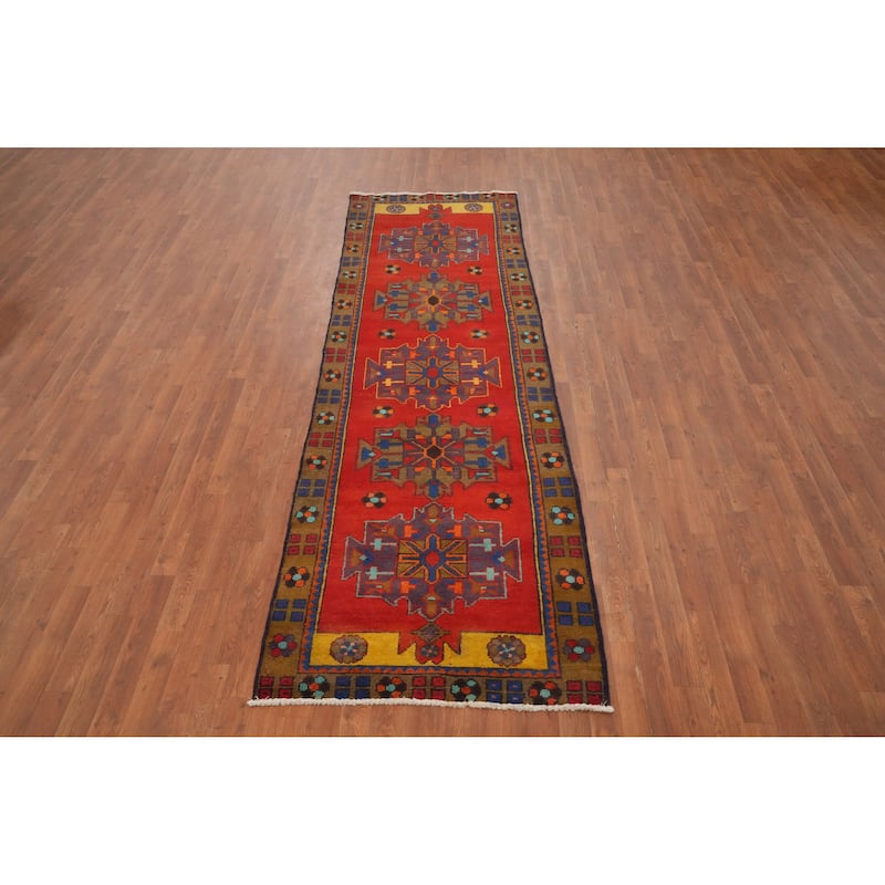 Hand Knotted Oriental 100% Wool Carpet Traditional Geometric Oranges & Rust Heriz Runner Rug - 10' 4'' X 3' 3''
