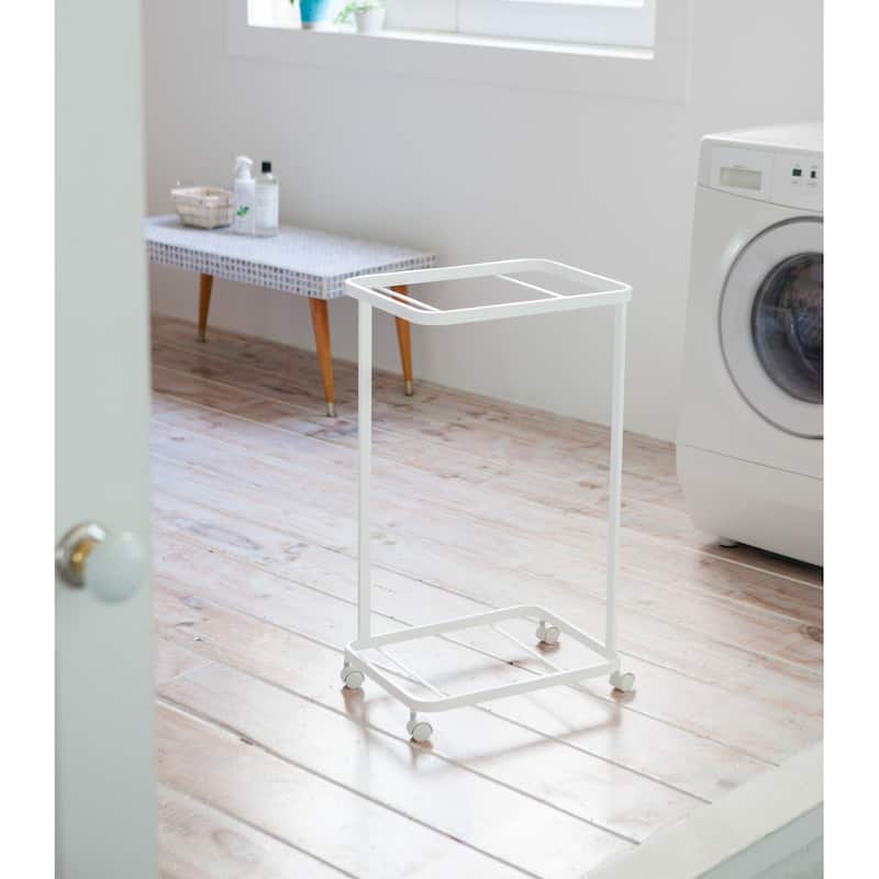 Yamazaki Home Rolling Laundry Cart, Steel & Wood, Short, Holds 26.4 lbs, Wheels - L 11.42 x W 15.75 x H 27.36 inches