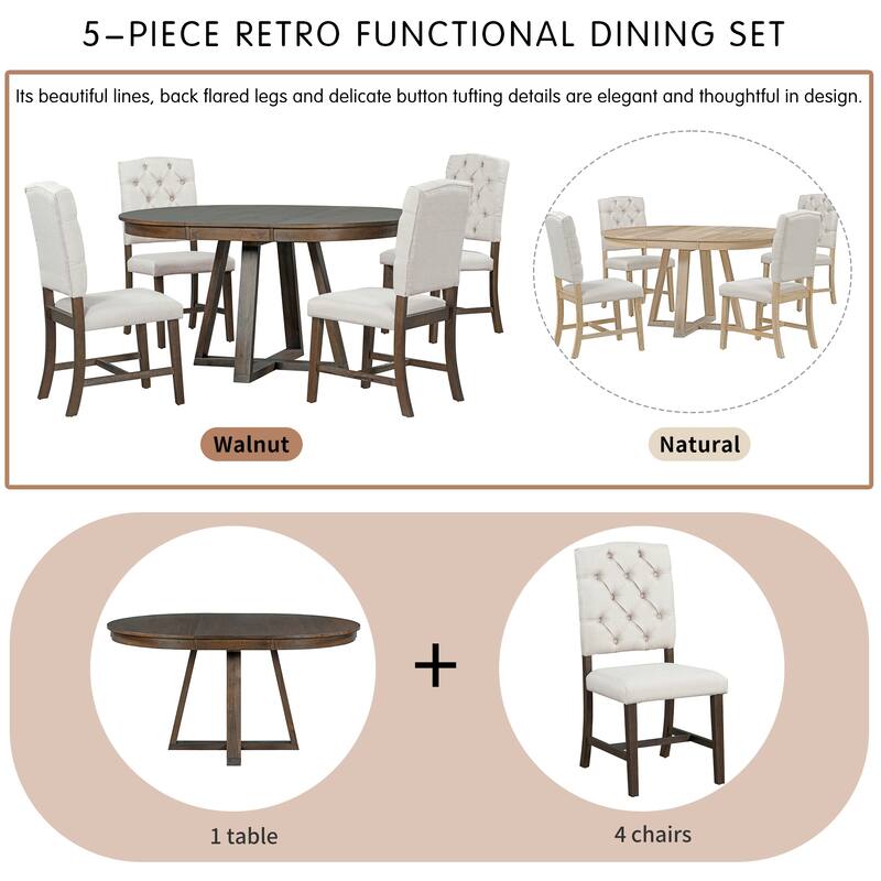 5-Piece Dining Table Set with 4 Upholstered Chairs, 16" Leaf Dining Table, Solid Wood & MDF, for Small Spaces and Dining Rooms