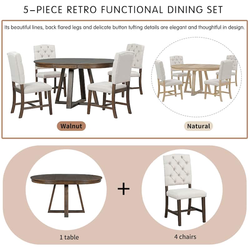 5-Piece Retro Functional Dining Set, Included Round Table with a 16" W Leaf and 4 Upholstered Chairs for Kitchen