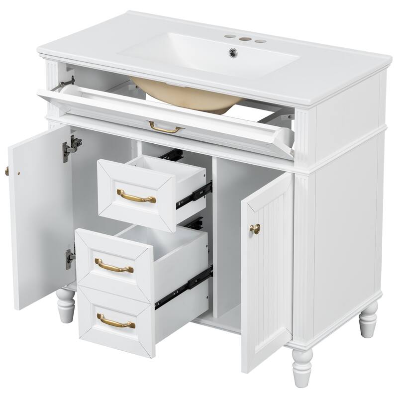 GDF Studio - Sunny Modern Solid Wood + MDF 36-Inch Bathroom Vanity with Ceramic Sink and Flip-Out Drawer
