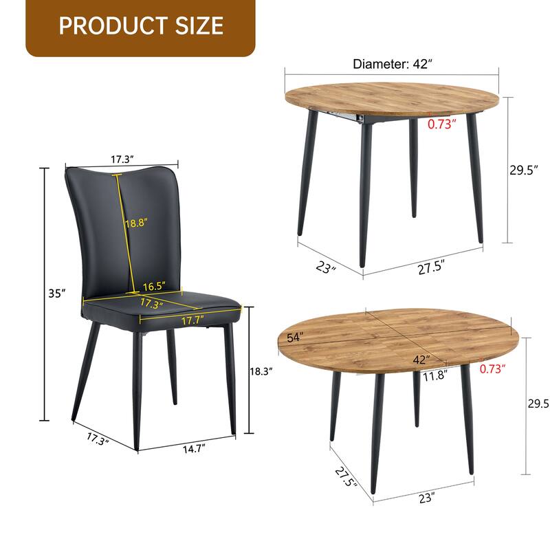 Modern Extendable Dining Table Set for 4/6 People with Faux Leather Chairs, 5 Piece/7 Piece Space-Saving Wood Dining Table Set