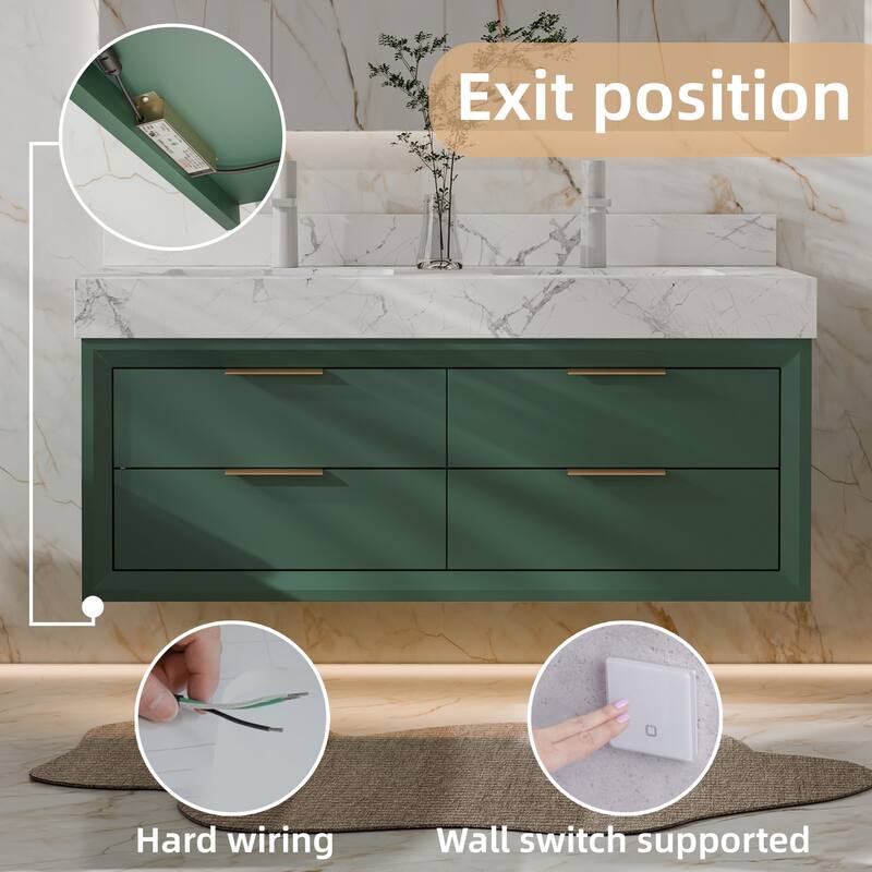 Modland 48" Floating Double Sink Bathroom Vanity with White Stone Countertop, Soft-Close Drawers, LED Lighting