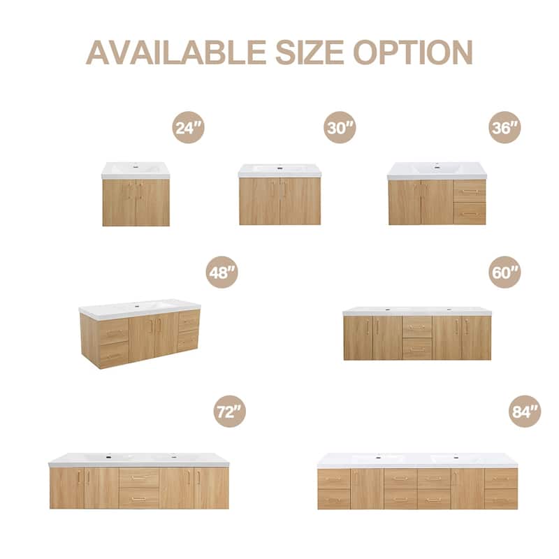 Prismella 60" 72" 84" Wall-Mount Double Sink Bathroom Vanity in Oak with Top