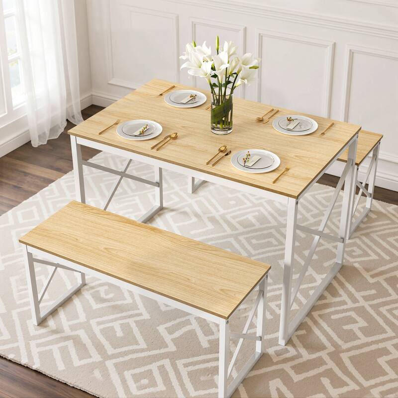 55" Dining Table with Benches Kitchen Table set for 4 Rectangular Dining Room Table Set with 2 Metal Wood Benches