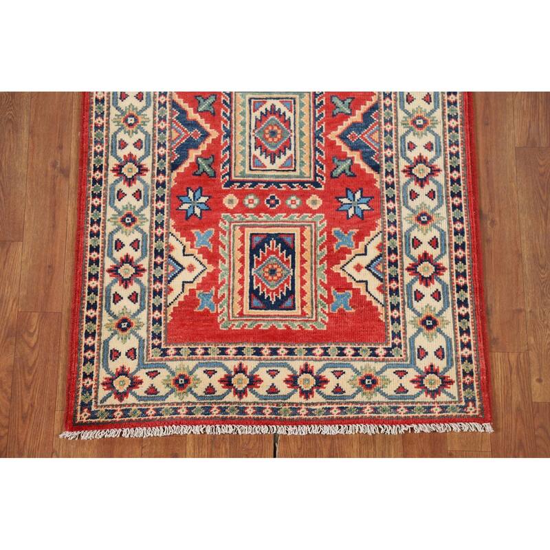 Geometric Kazak Runner Rug Hand-Knotted Wool Carpet - 2'8" x 10'1"