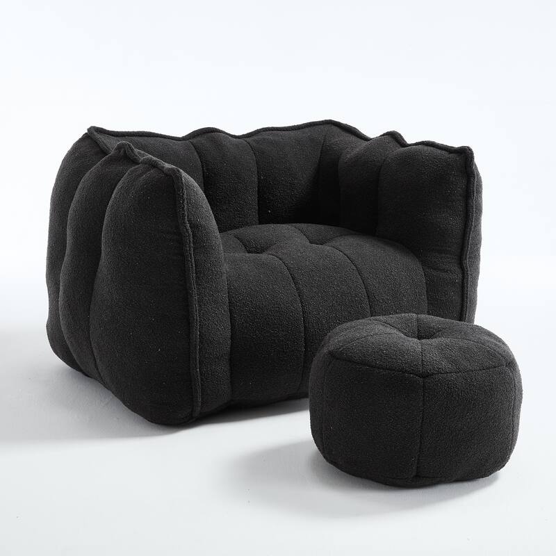 Extra-Large Chenille Bean Bag Chair with Footstool, Comfy Bean Bag Sofa for Adults, High Resilient Foam Square Lazy Sofa