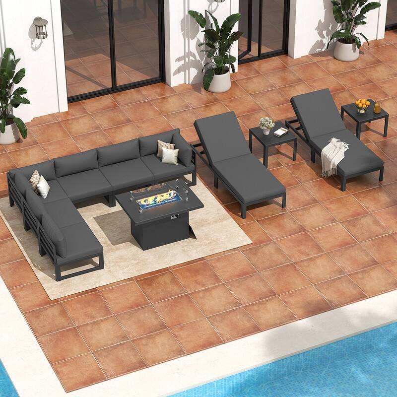 11-Piece Luxury Aluminum Outdoor Furniture Set with Chaise Lounge & Fire Pit Table, 29" Deep Seating Aluminum Patio Sectional - Dark Gray - Gray Frame