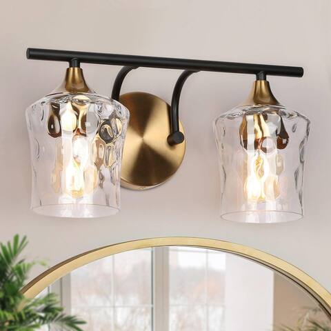 Modern 2- Light Black Gold Bathroom Vanity Lights with Hammered Glass Shades - L 14"x W 7"x H 7"