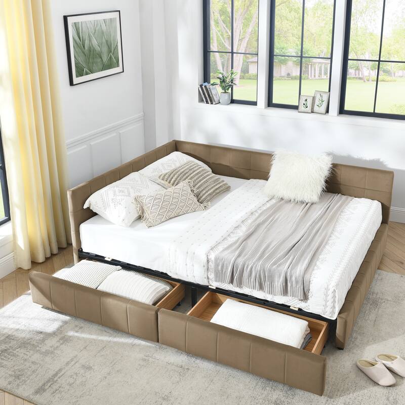 L-shaped Velvet Upholstered Daybed Tufted Sofa Bed with Soft Backrest Armrests - and Optional Corner Storage Day Bed - Brown with Drawers - Queen