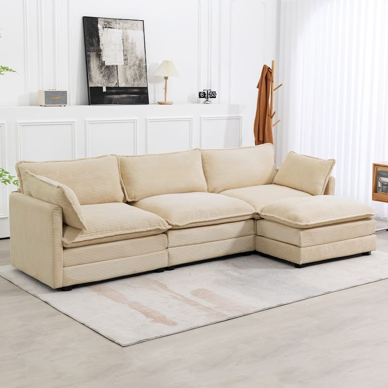 Oversized Modular Corduroy Sectional Sofa Set with Ottoman, 3-Seater / 4-Seater Deep Seat Lounge Couch for Living Room - Khaki-3 Seat - Reversible
