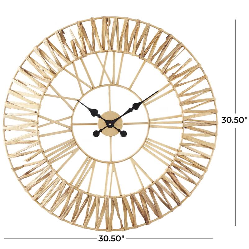 Brown Seagrass Woven Decorative Wall Clock with Gold Metal Frame