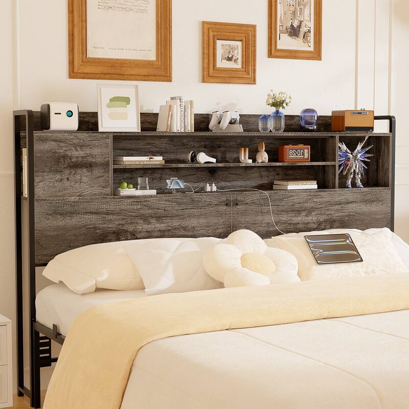 Storage Headboards with Power Outlet and LED Light, Head board with Storage Shelves for Bed Frame
