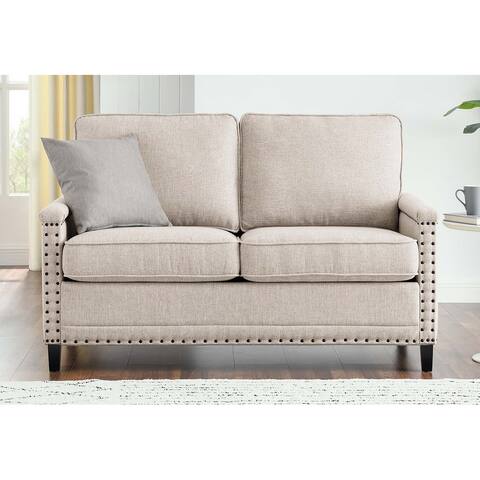 Hermitage Beige Fabric Upholstered Loveseat with Nailhead Trim
