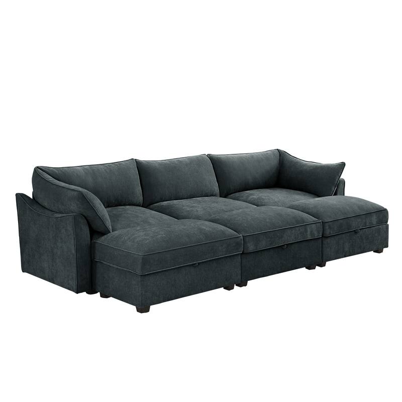 3-Seat Modular Sectiona Sleeper Sofa with Pull out Drawer Under Each Seat & 3 Movable Storage Ottomans