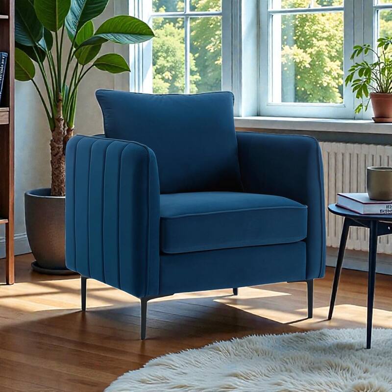 Velvet Accent Chair for Living Room, Mid Century Modern Single Sofa Chair with Pillow and Metal Legs - Blue