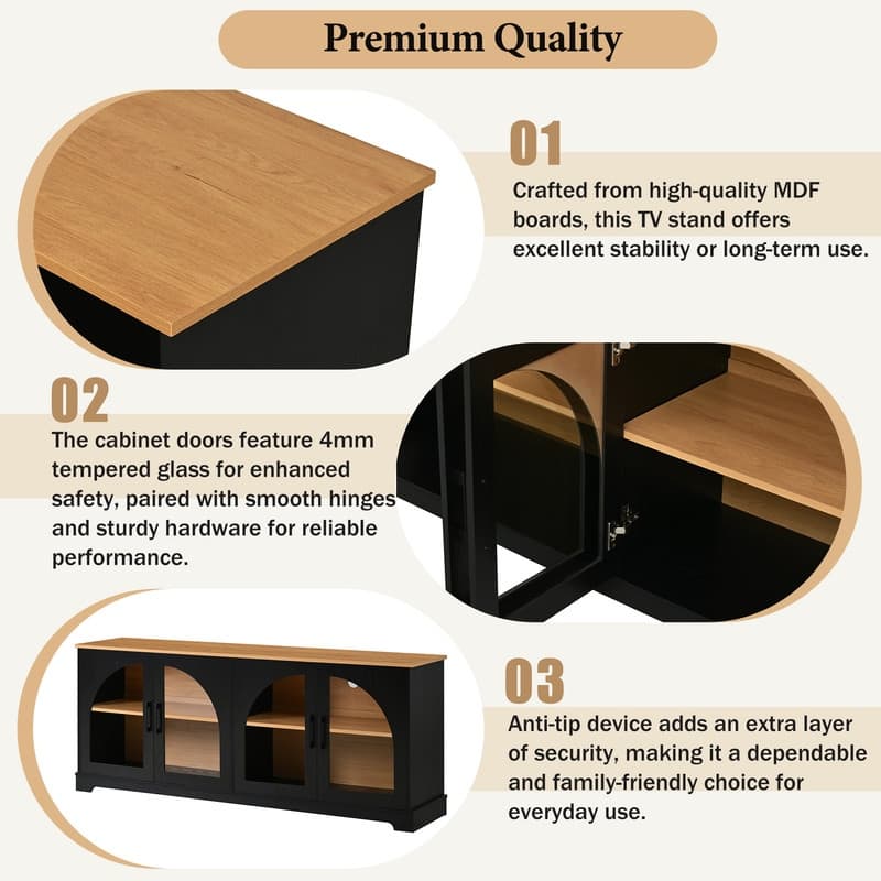 Farmhouse 66.9" TV Stand for TVs Up to 70", Wood Media Console with Adjustable Shelves and Glass Doors