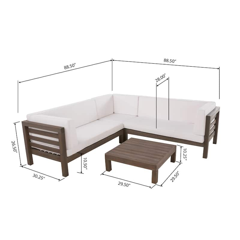 Oana Outdoor 5 Seater V Shaped Mid-Century Modern Acacia Wood Sectional Sofa Set with Coffee Table by Christopher Knight Home