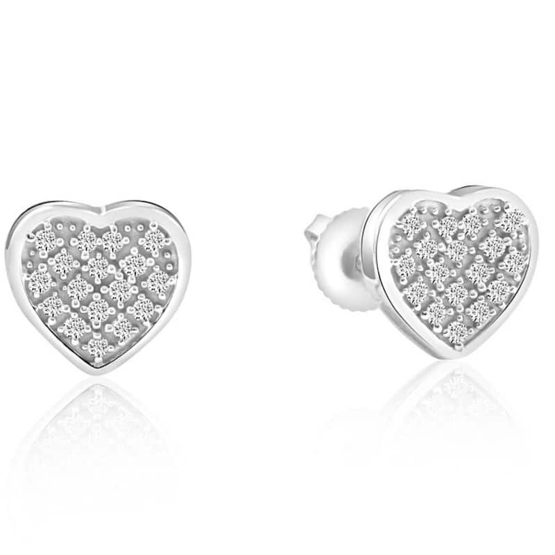 Pave Diamond Heart Studs Screw Back Earrings in White or Yellow Gold