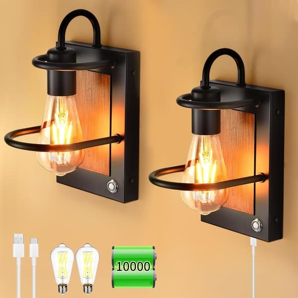 slide 2 of 6, Set of 2 wall light black hallway light metal, faux wood bedroom light
