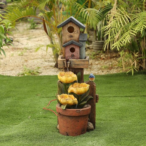 Farmhouse Rustic Resin Birdhouses and Potted Sunflowers Outdoor Fountain
