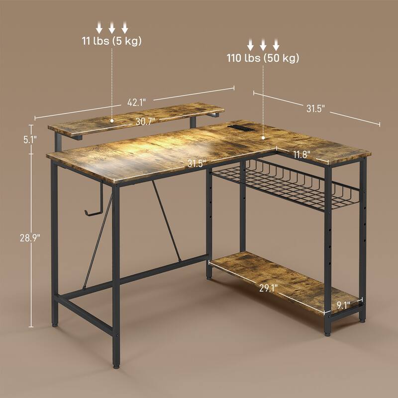 42" L Shaped Desk with LED Lights, Power Outlet, USB Charging Ports