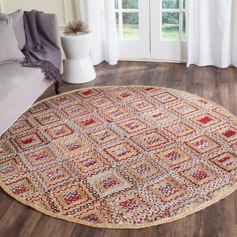 SAFAVIEH Cape Cod Elfie Handmade Jute Area Rug - 6' x 6' Round - Natural/Red