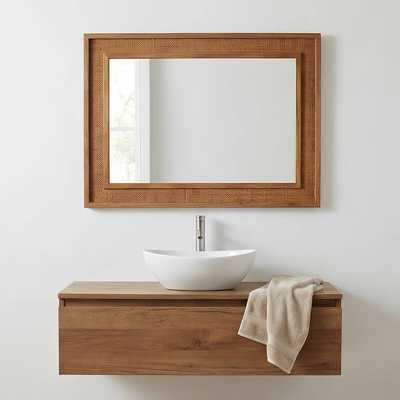 Coastal Boho Rattan Rectangle Wood Frame Wall Mirror