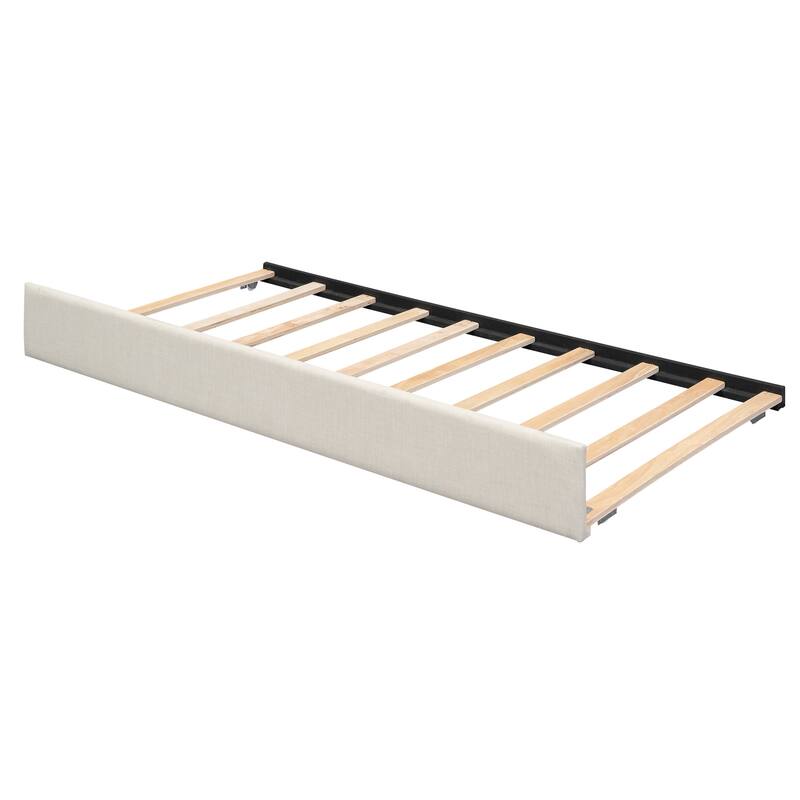 Twin Size Upholstered Daybed with Storage Arms, Trundle, and USB Charging in Beige