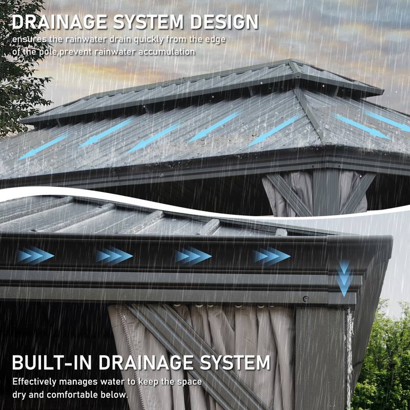 12' X 14' Hardtop Gazebo with Drainage System, Galvanized Steel Roof, Curtain and Netting, Outdoor Shelter for Patio, Garden