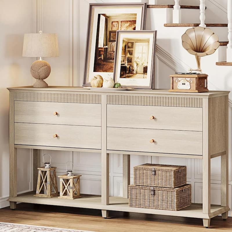 63 Inch Modern Console Entryway Sofa Table Behind Couch with Drawers - 15.75"W x 41.34"L x 31.5"H - Beige