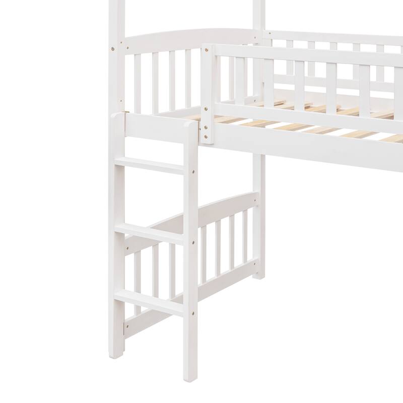 Twin Size Wooden Loft Bed with Slide and Ladder, House Shaped Solid Pinewood Low Loftbed Frame with Under Bed Play Space
