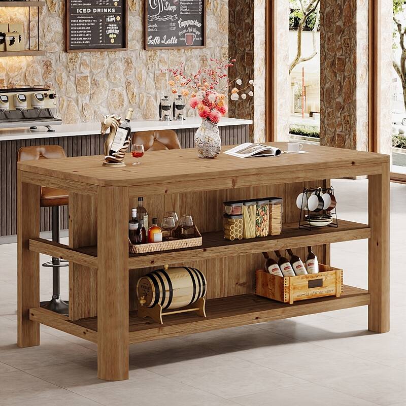 63 Inch Solid Wood Kitchen Island Table with Storage Shelves