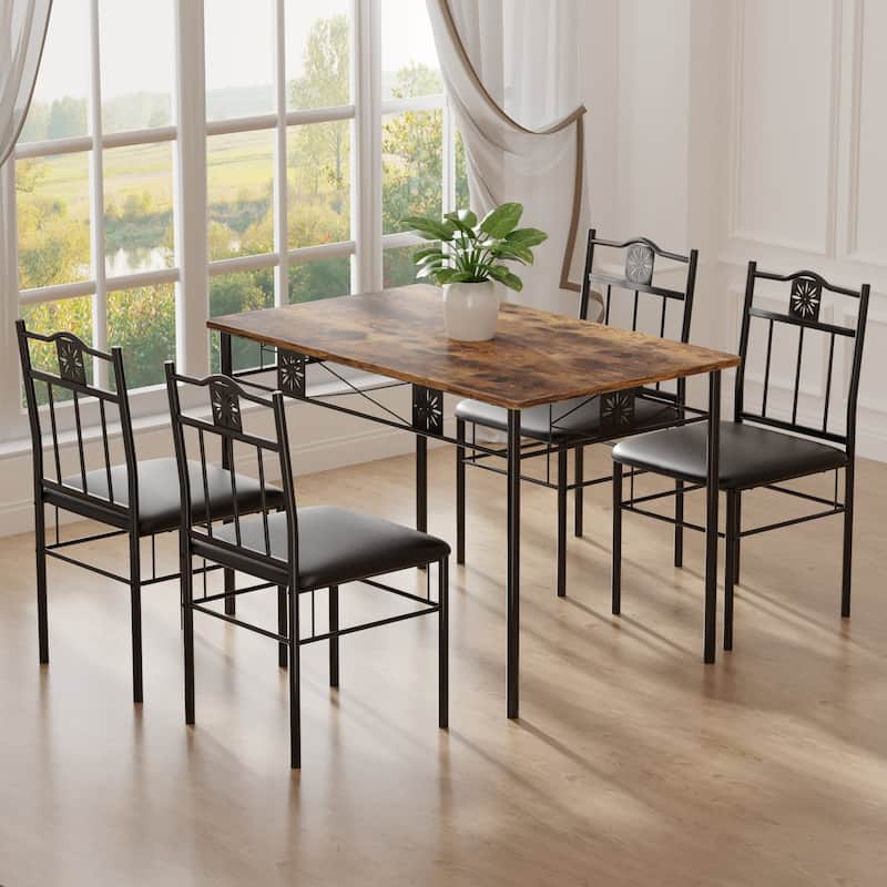 VECELO Modern 3/5-piece Dining Set Tempered Glass Top and Wood Top, Steel Dining Table and Chair Set of 2/4