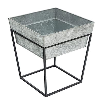 Achla Designs Small Indoor Outdoor Arne Plant Stand With Deep Galvanized Tray, 14 Inch Tall, Black Powder Coat Finish