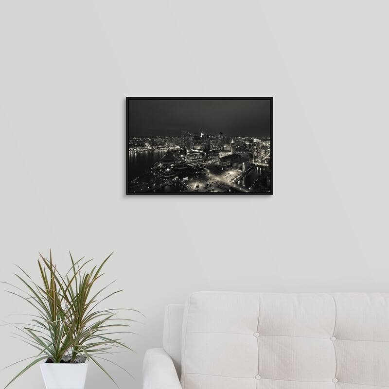 "Buildings near a harbor, Inner Harbor, Baltimore, Maryland" Black Float Frame Canvas Art - Multi