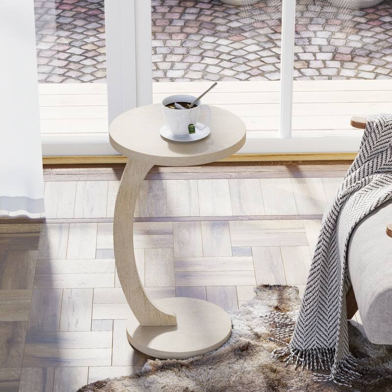 COZAYH C Shaped Round End Table for Couch Small Place, Space Saver Side Table for Sofa, Living Room, Bedside Area, Walnut - White