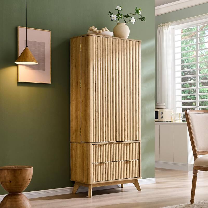72" Tall Modern Fluted Pantry Cabinet, Storage Cabinet, Wood Cupboard - Natural Oak