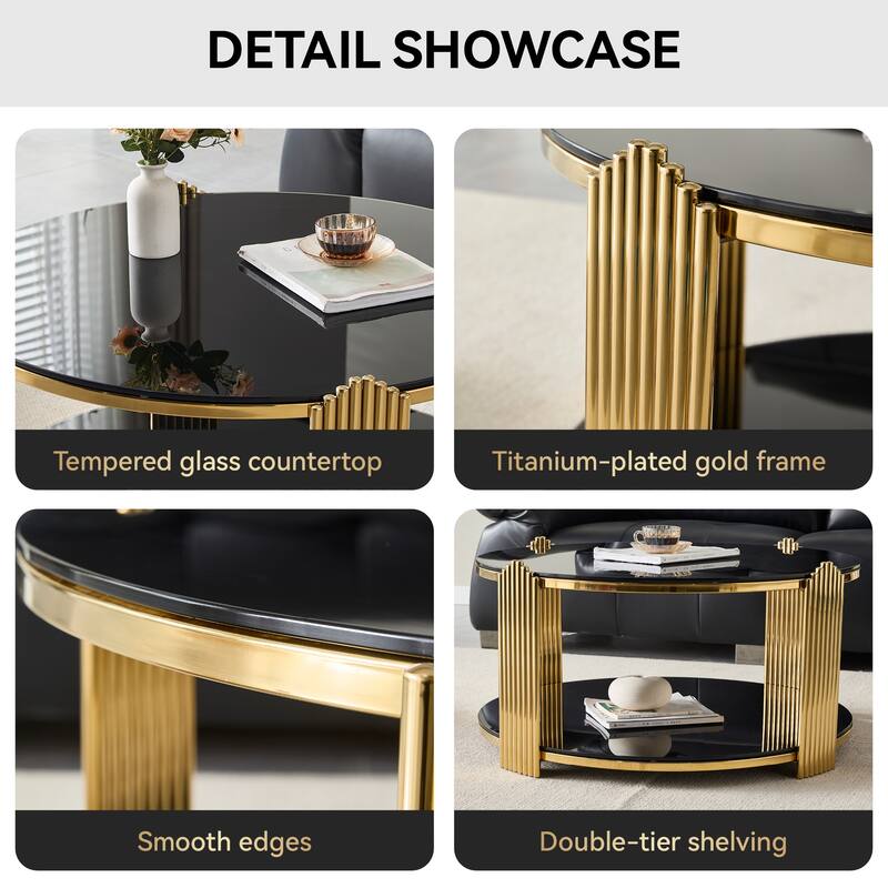 35inch Modern Coffee Table, Double-Layer Tempered Black Glass & Gold Stainless Steel Frame Living Room Table