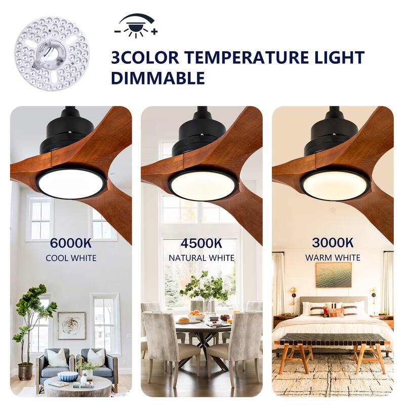 60 Inch Ceiling Fan With 18W Led Light 3 Solid Wood Blades Remote Control Reversible DC Motor For Home