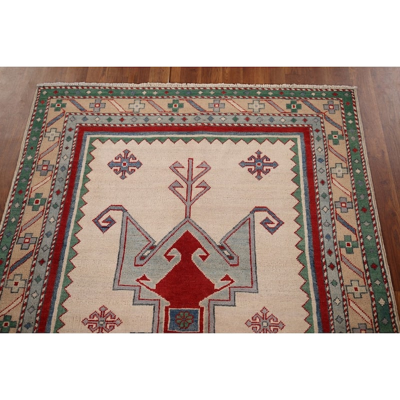 Ivory Geometric Kazak Oriental Area Rug Handmade Bedroom Wool Carpet - 4'0" x 5'9"