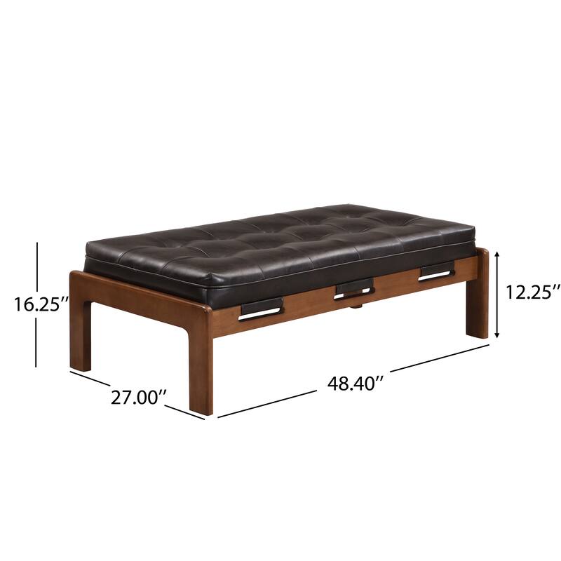 Christopher Knight Home - 48.4" Rectangle Tufted Upholstered Cocktail, Leather Ottoman Coffee Table with Rubber Wood Frame