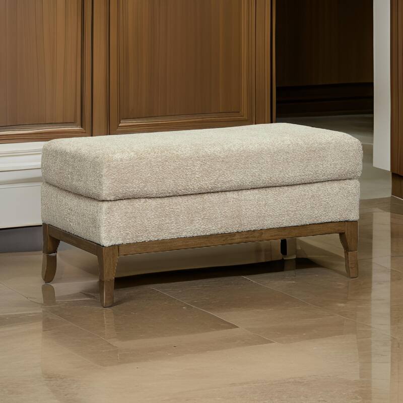 Klyn 44 Inch Ottoman, Plush Cushion, Faux Wood Rail Feet, Beige Polyester