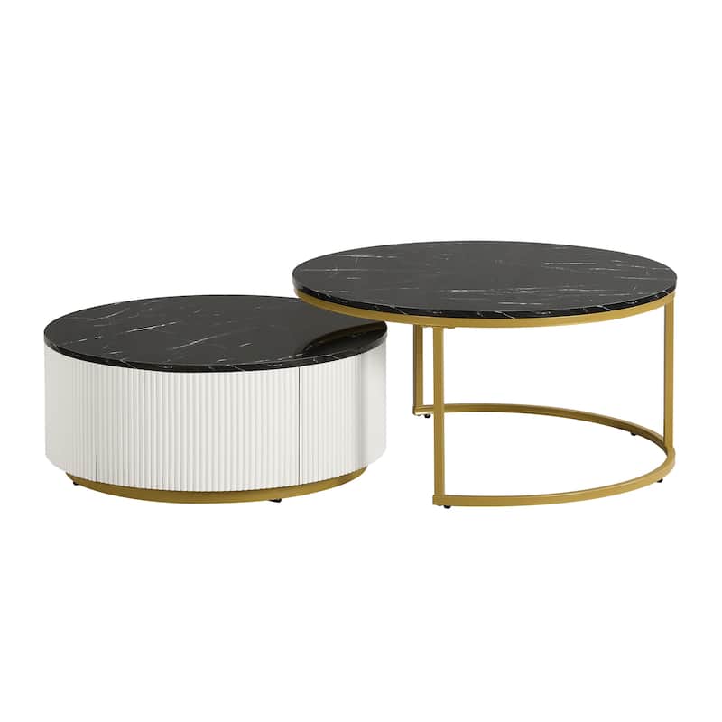 Roomfitters Round Nesting Coffee Table Set, Modern Fluted Accent Center Table with Storage, Marble Top