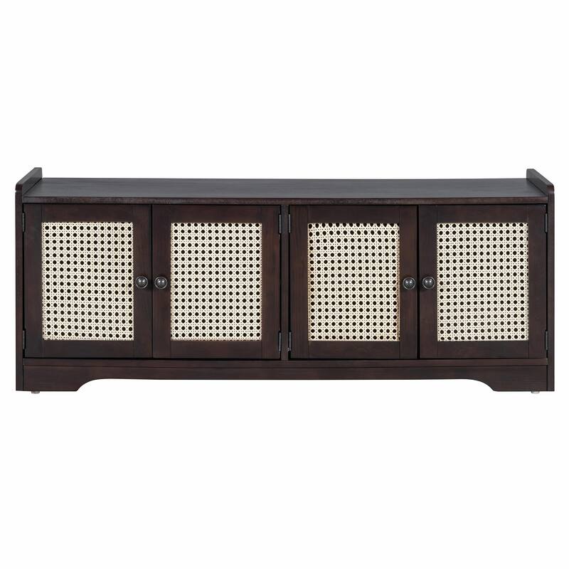 Rustic Storage Bench with Removable Cushion, Woven Rattan Doors & Adjustable Shelves