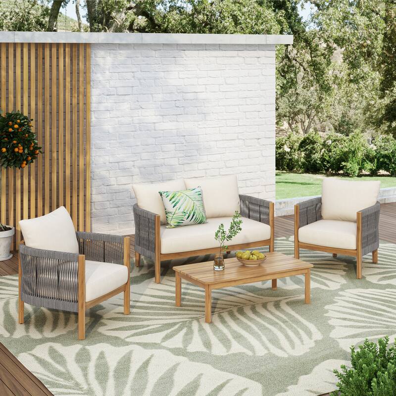Christopher Knight Home - Amelie Outdoor 4-Piece Acacia Lounge Set - Loveseat, Club Chairs, & Coffee Table with Cushions